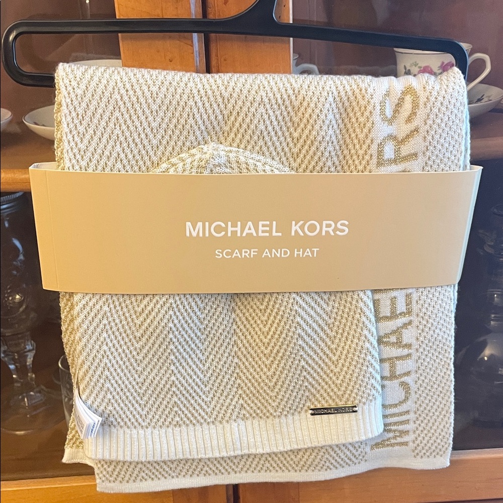 Michael Kors Beige and White Scarf and Hat Set